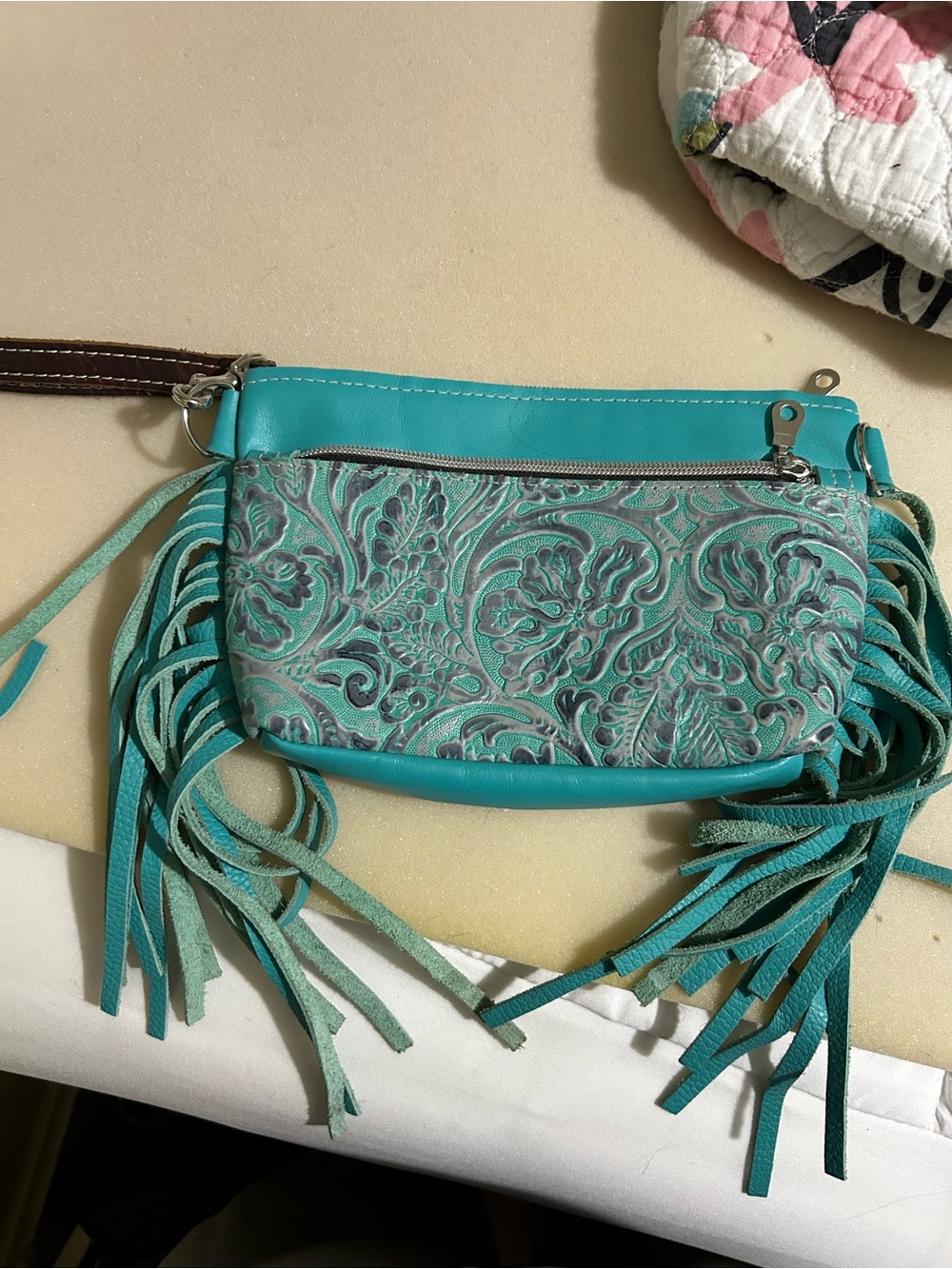 Turquoise Dancing Cactus Floral Embossed Fringe Wristlet - Women Bags